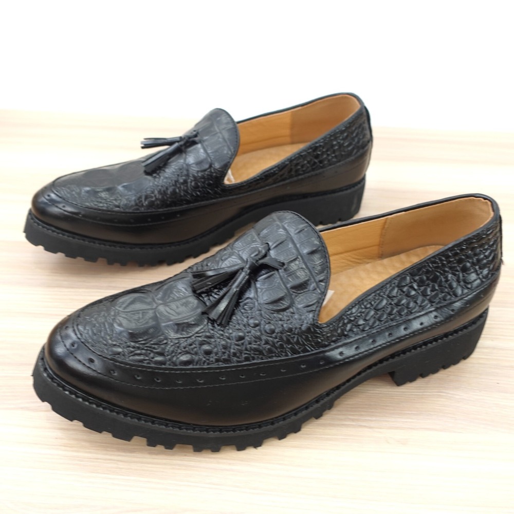 Black‎ Tassel Crocodile Loafers Men 7.5 Pointed Oxford Formal Dressy Faux Croco